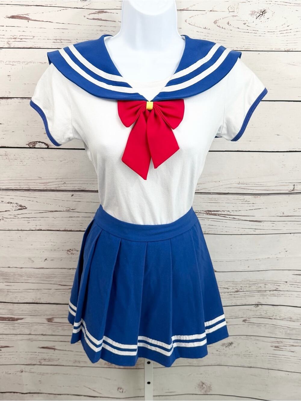 LittleForBig Women’s Sailor Cosplay Costume 2 pc Set Blue White Red Bow Small